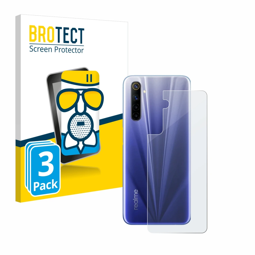 Vorderseite einer Produktverpackung mit dem Markenlogo BROTECT. Daneben ist das Gerät realme 6 (Rückseite) mit dem zugehörigen