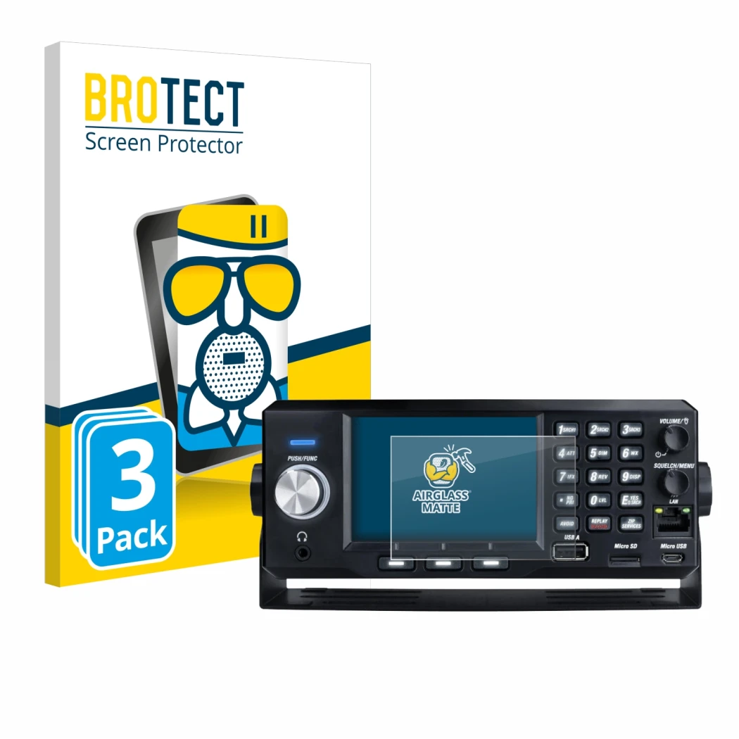 Vorderseite einer Produktverpackung mit dem Markenlogo BROTECT. Daneben ist das Gerät Uniden SDS200E mit dem zugehörigen Displ