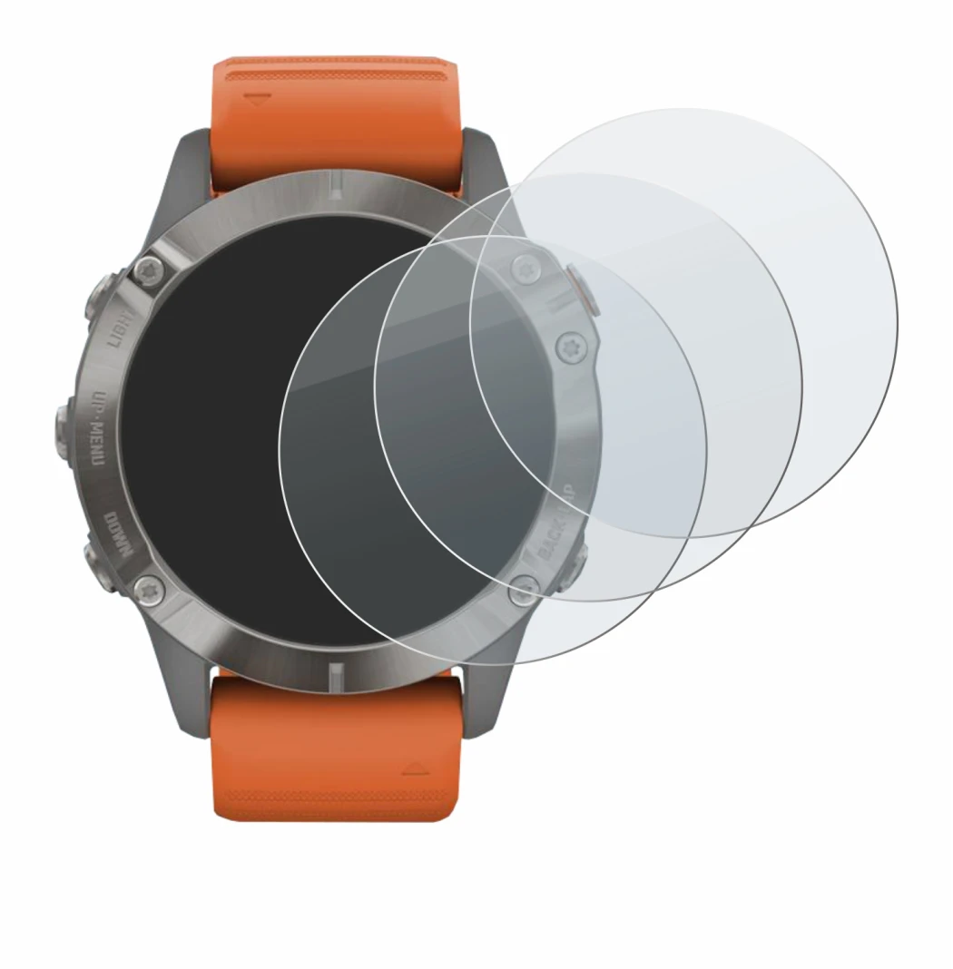 Abbildung des Geräts Garmin Fenix 6 Pro Solar mit einer Vielzahl des Displayschutzes.