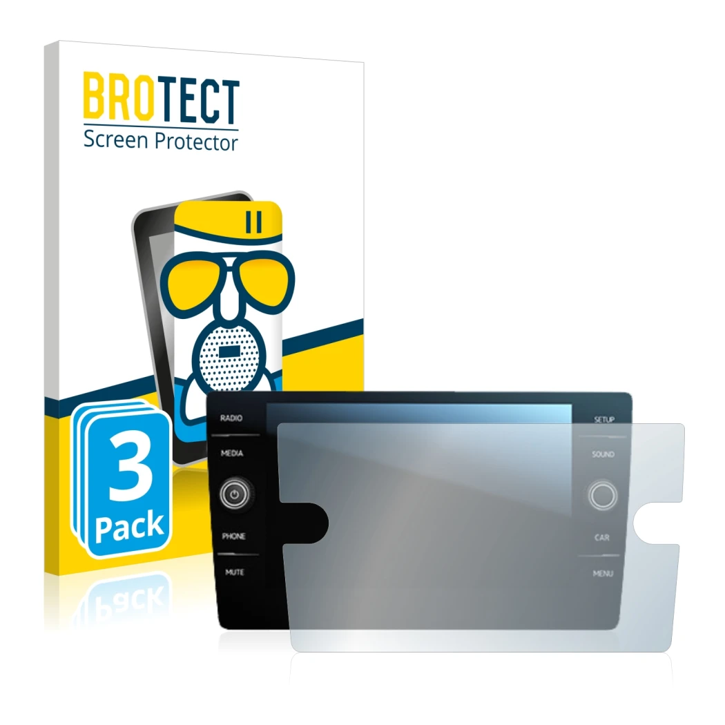 Vorderseite einer Produktverpackung mit dem Markenlogo BROTECT. Daneben ist das Gerät Volkswagen Tiguan Discover Media 8