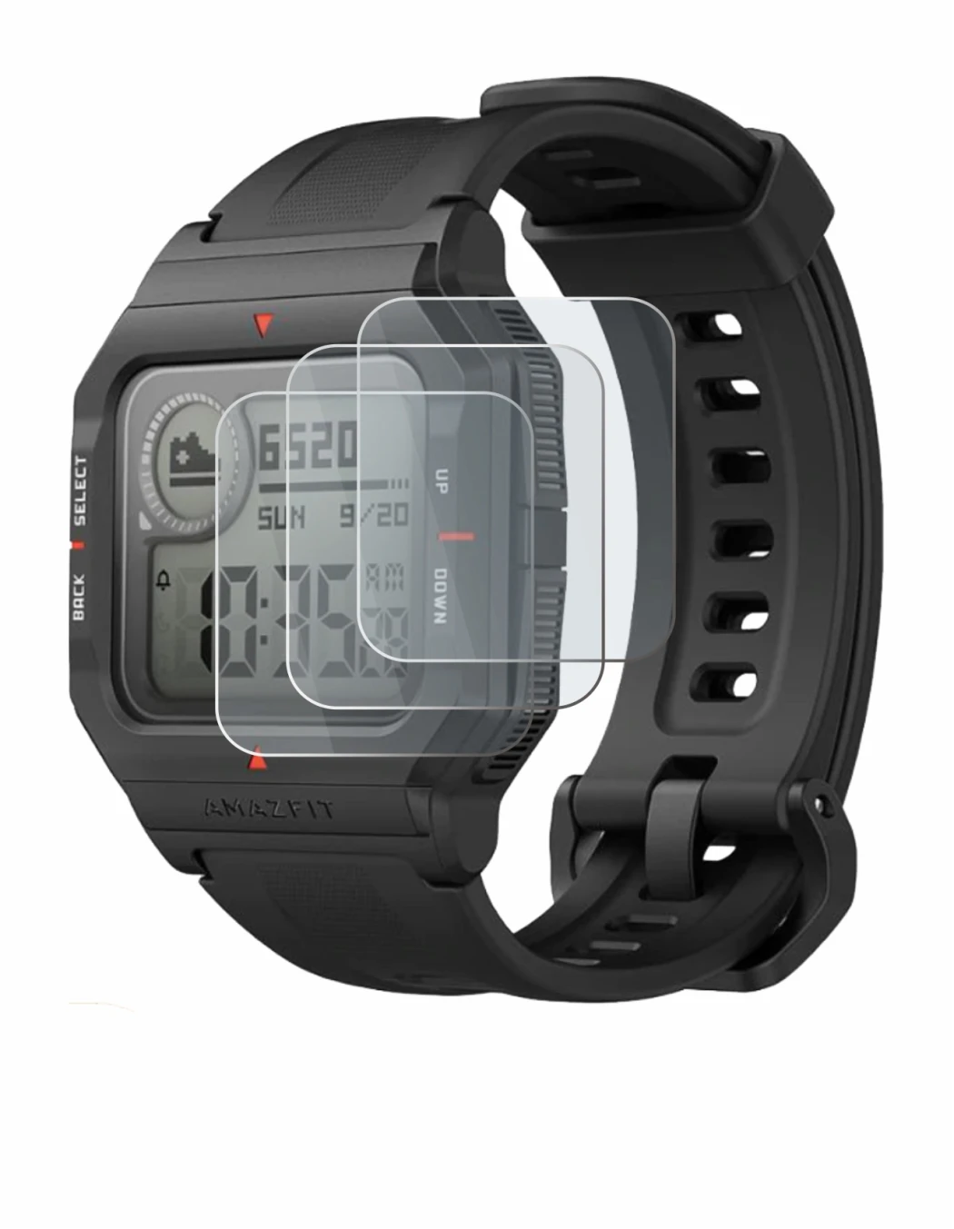 Abbildung des Geräts Huami Amazfit Neo mit einer Vielzahl des Displayschutzes.