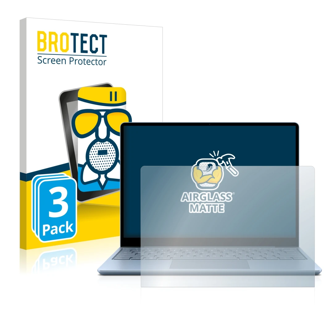 Vorderseite einer Produktverpackung mit dem Markenlogo BROTECT. Daneben ist das Gerät Microsoft Surface Laptop Go mit dem zuge