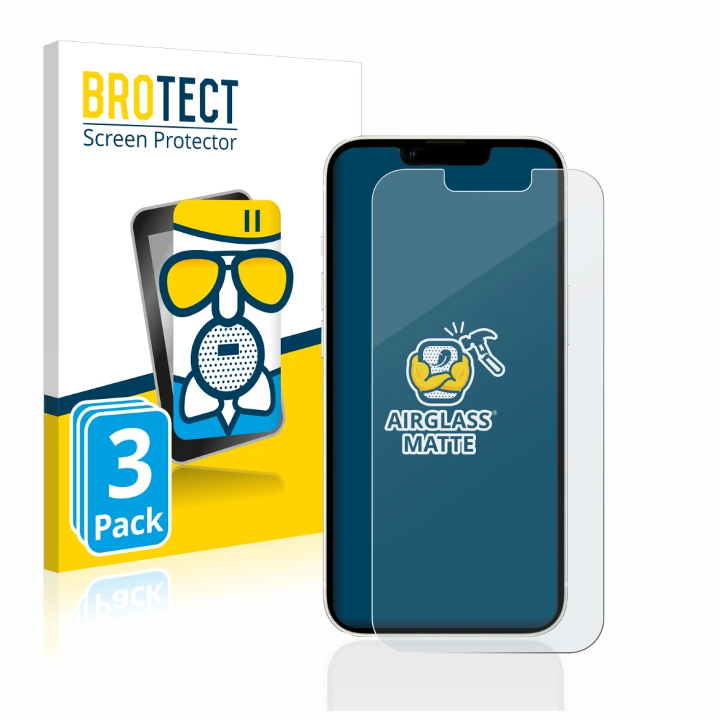 Vorderseite einer Produktverpackung mit dem Markenlogo BROTECT. Daneben ist das Gerät Apple iPhone 13 mit dem zugehörigen Disp