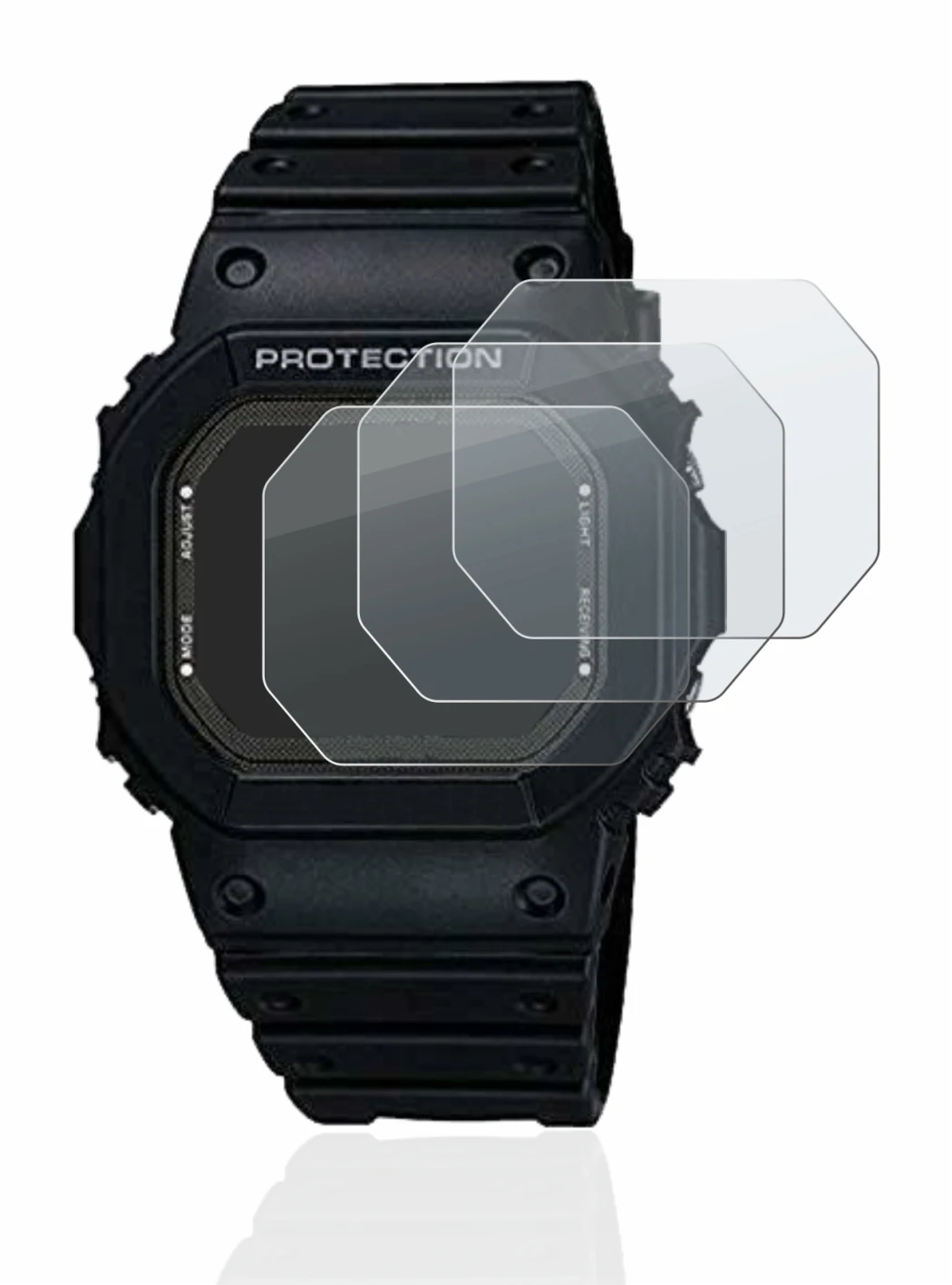 Abbildung des Geräts Casio G-Shock GW-5000-1JF mit einer Vielzahl des Displayschutzes.