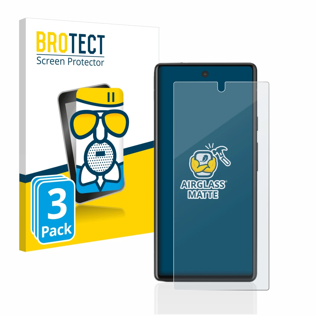 Vorderseite einer Produktverpackung mit dem Markenlogo BROTECT. Daneben ist das Gerät Google Pixel 6a mit dem zugehörigen Disp