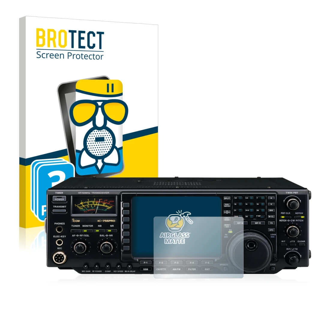 Vorderseite einer Produktverpackung mit dem Markenlogo BROTECT. Daneben ist das Gerät Icom IC-756 Pro III mit dem zugehörigen 