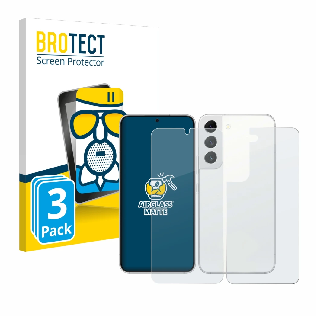 Vorderseite einer Produktverpackung mit dem Markenlogo BROTECT. Daneben ist das Gerät Samsung Galaxy S22 5G (Display+Rückseite