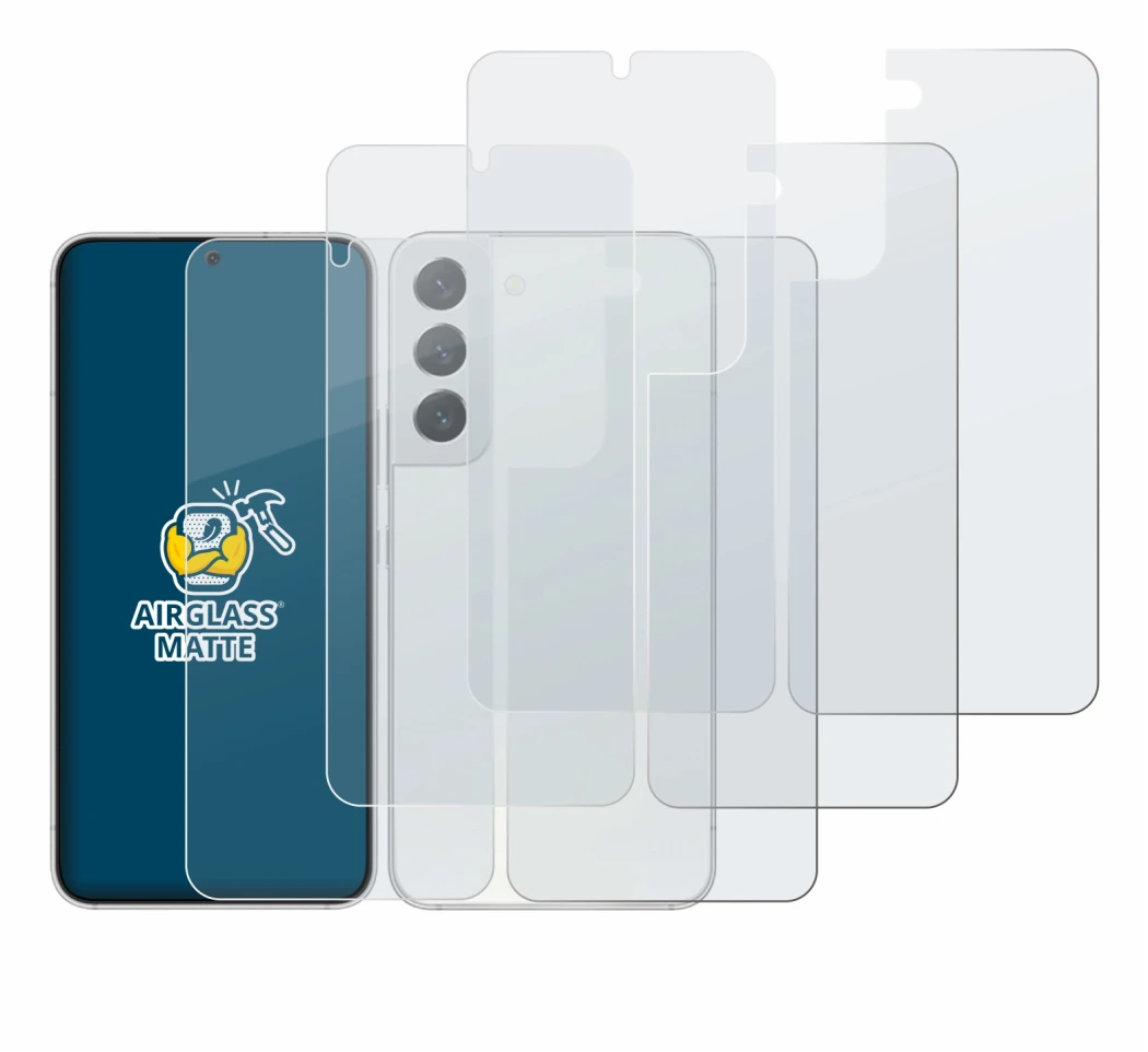 Abbildung des Geräts Samsung Galaxy S22 5G (Display+Rückseite) mit einer Vielzahl des Displayschutzes.