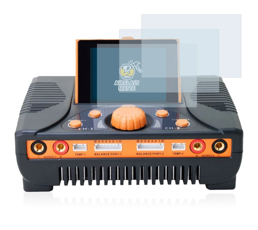 Abbildung des Geräts Junsi iCharger 406 Duo mit einer Vielzahl des Displayschutzes.