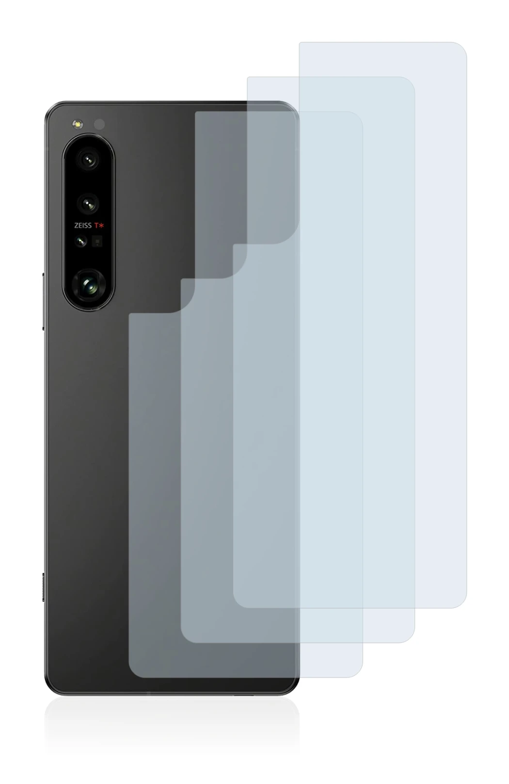 Abbildung des Geräts Sony Xperia 1 IV (Rückseite) mit einer Vielzahl des Displayschutzes.