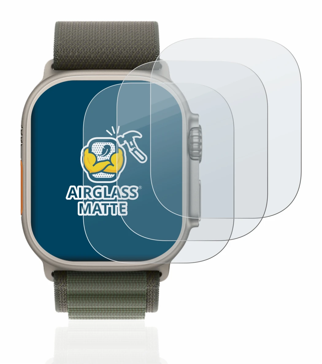 Abbildung des Geräts Apple Watch Ultra (49 mm) mit einer Vielzahl des Displayschutzes.