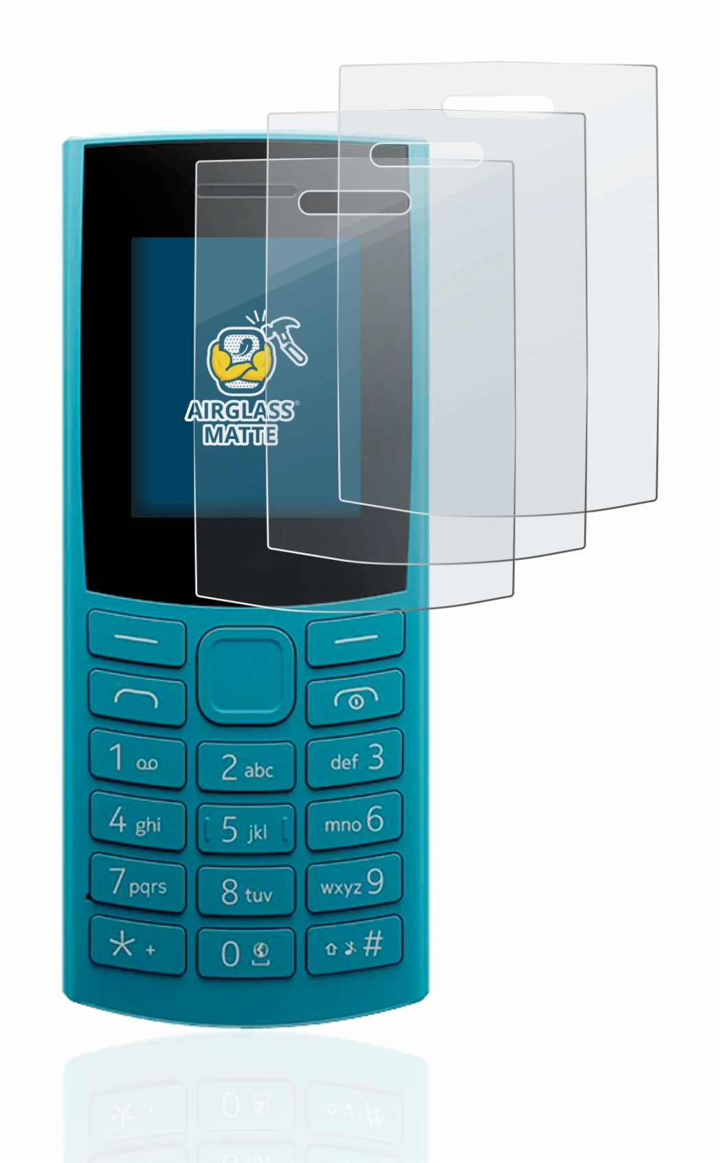 Abbildung des Geräts Nokia 105 4G (2023) mit einer Vielzahl des Displayschutzes.