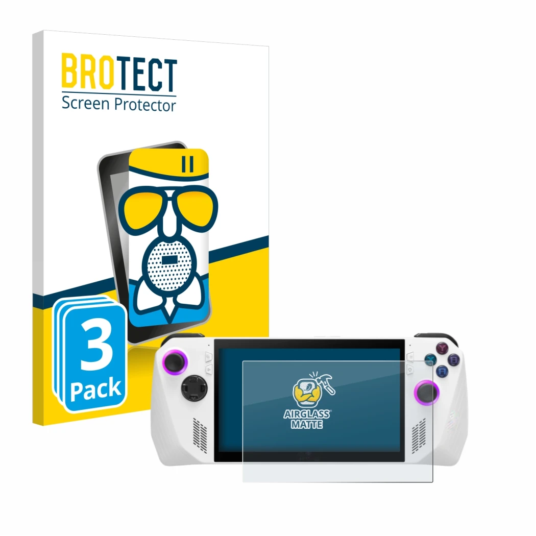 Vorderseite einer Produktverpackung mit dem Markenlogo BROTECT. Daneben ist das Gerät ASUS ROG Ally (2023) RC71L mit dem zugeh