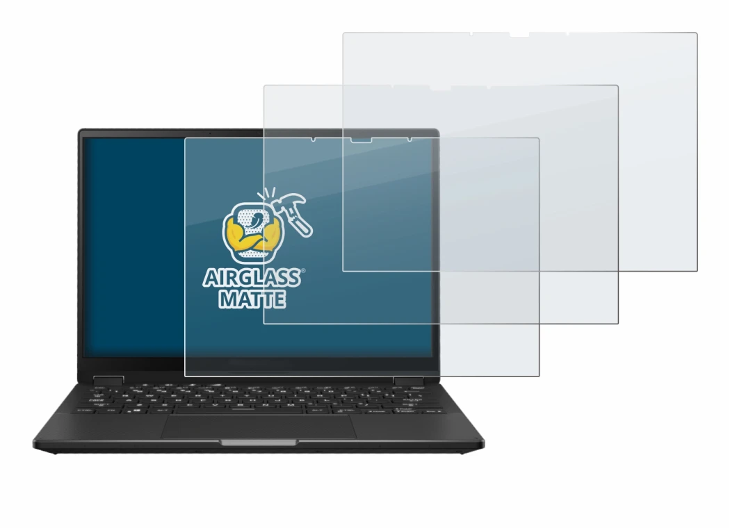 Abbildung des Geräts ASUS ROG Flow X13 2023 mit einer Vielzahl des Displayschutzes.