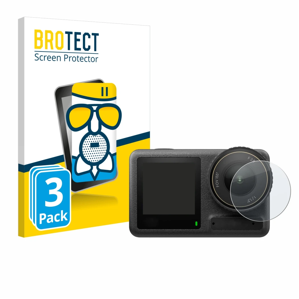 Vorderseite einer Produktverpackung mit dem Markenlogo BROTECT. Daneben ist das Gerät DJI Osmo Action 4 (Linse) mit dem zugehö