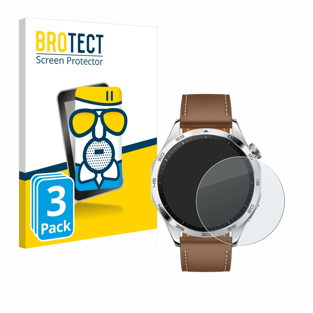 Vorderseite einer Produktverpackung mit dem Markenlogo BROTECT. Daneben ist das Gerät Huawei Watch GT 4 (46mm) mit dem zugehör