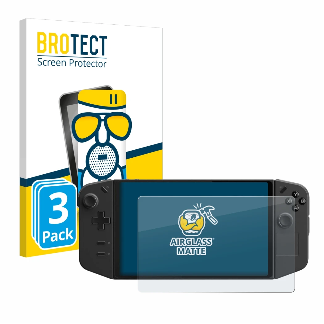 Vorderseite einer Produktverpackung mit dem Markenlogo BROTECT. Daneben ist das Gerät Lenovo Legion Go mit dem zugehörigen Dis