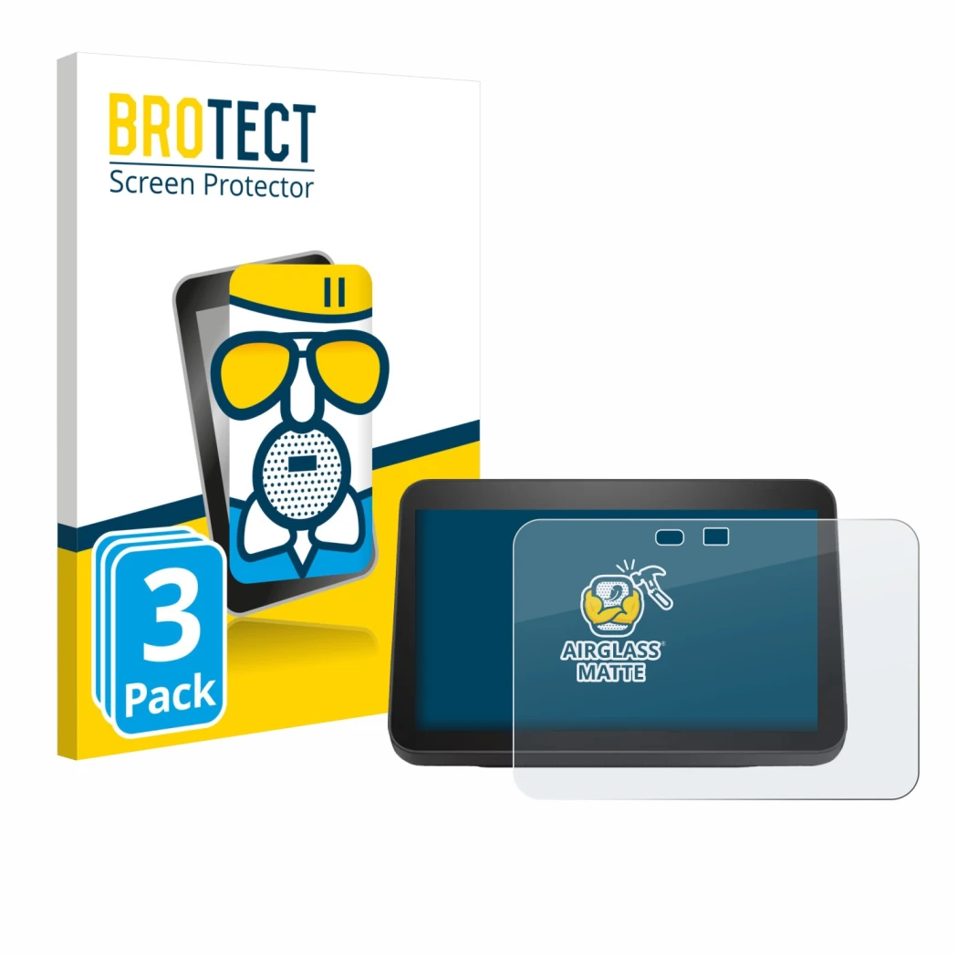 Vorderseite einer Produktverpackung mit dem Markenlogo BROTECT. Daneben ist das Gerät Amazon Echo Show 8 2023 (3. Gen.) mit de