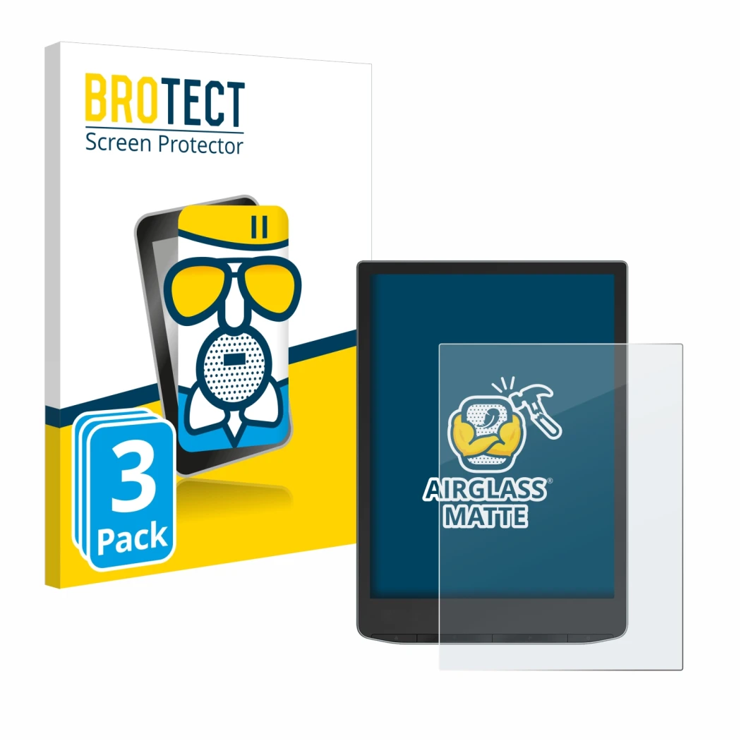 Vorderseite einer Produktverpackung mit dem Markenlogo BROTECT. Daneben ist das Gerät PocketBook InkPad Color 3 mit dem zugehö