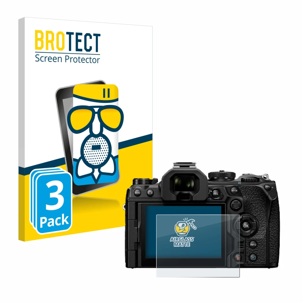 Vorderseite einer Produktverpackung mit dem Markenlogo BROTECT. Daneben ist das Gerät Olympus OM System OM-1 Mark II mit dem z