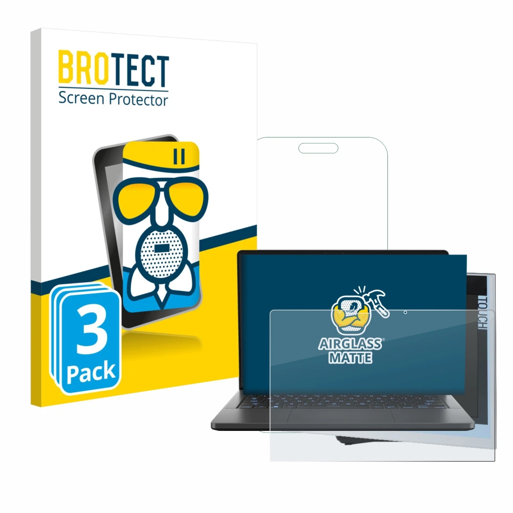 Vorderseite einer Produktverpackung mit dem Markenlogo BROTECT. Daneben ist das Gerät ASUS ROG Zephyrus G14 2024 GA403 mit dem