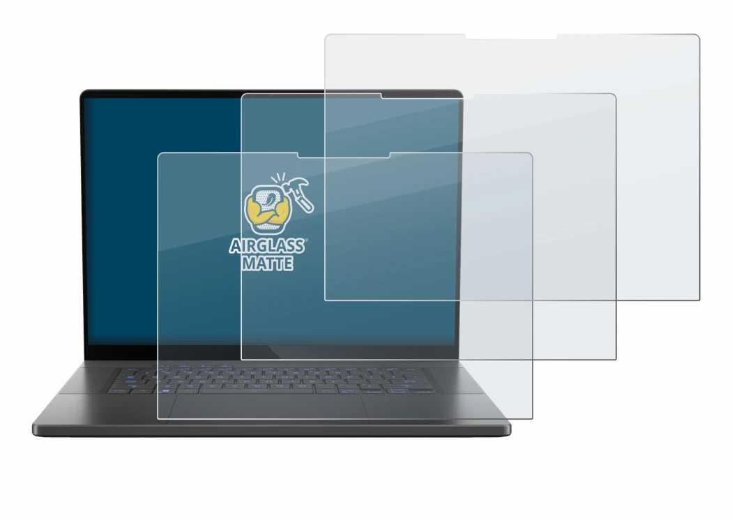 Abbildung des Geräts ASUS ROG Zephyrus G16 2024 mit einer Vielzahl des Displayschutzes.