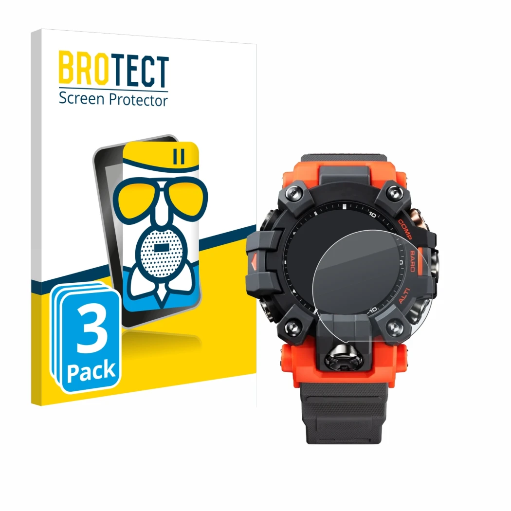 Vorderseite einer Produktverpackung mit dem Markenlogo BROTECT. Daneben ist das Gerät Casio G-Shock GW-9500 mit dem zugehörige