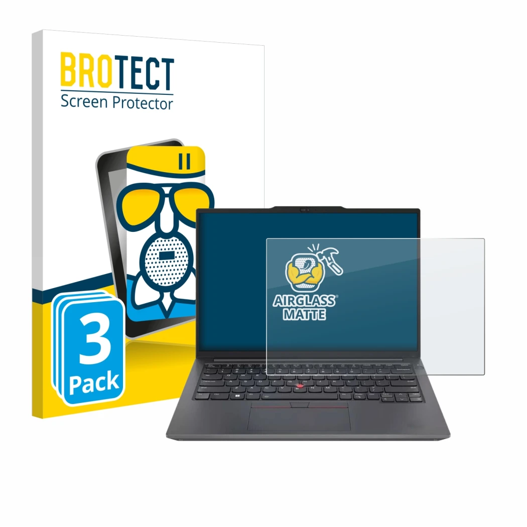 Vorderseite einer Produktverpackung mit dem Markenlogo BROTECT. Daneben ist das Gerät Lenovo ThinkPad E14 Gen 6 mit dem zugehö