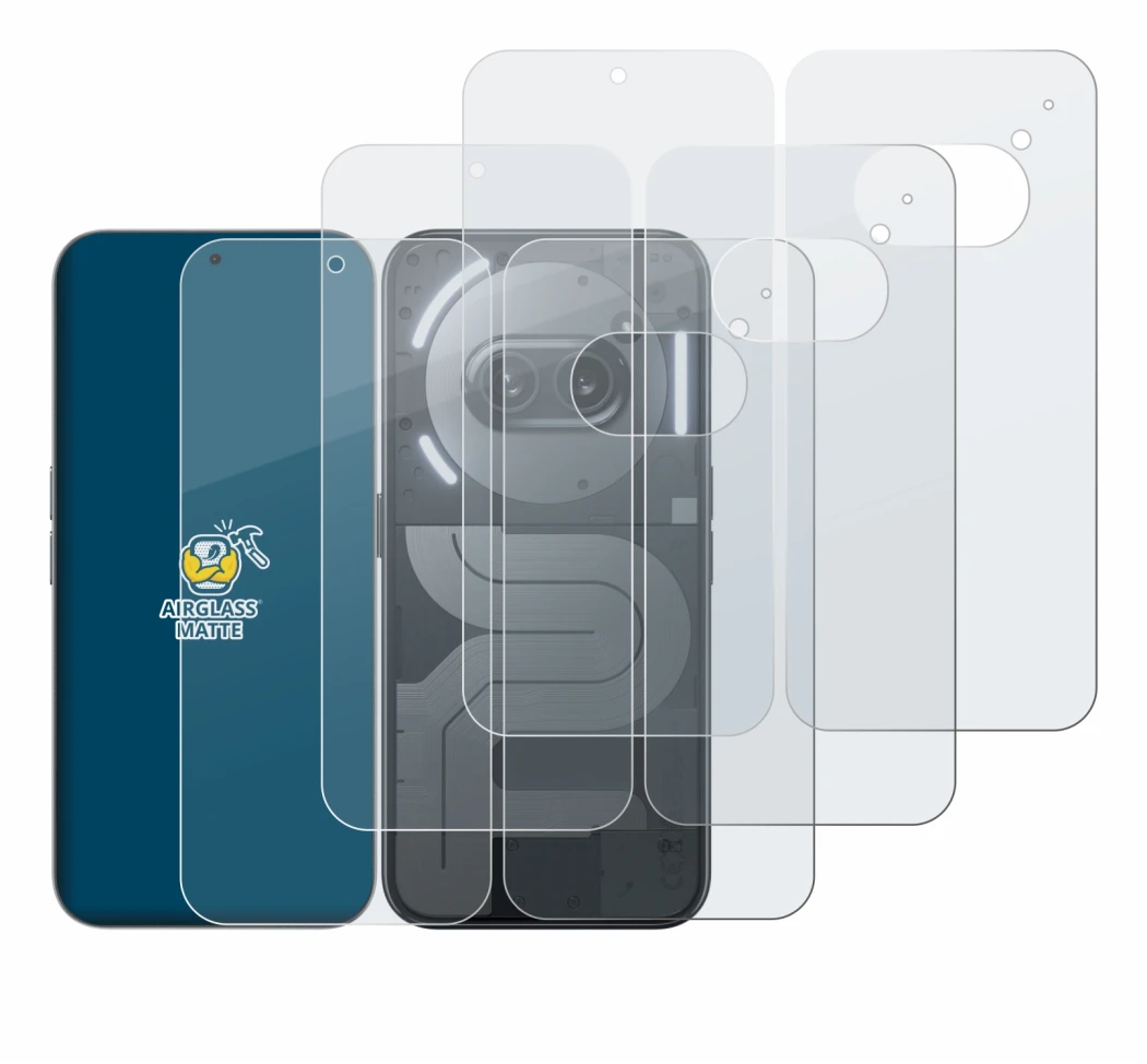 Abbildung des Geräts Nothing Phone (2a) Plus (Display+Rückseite) mit einer Vielzahl des Displayschutzes.