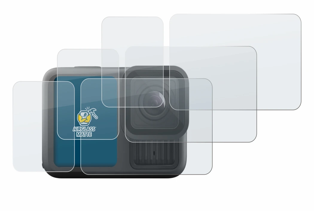 Abbildung des Geräts GoPro Hero 13 Black mit einer Vielzahl des Displayschutzes.