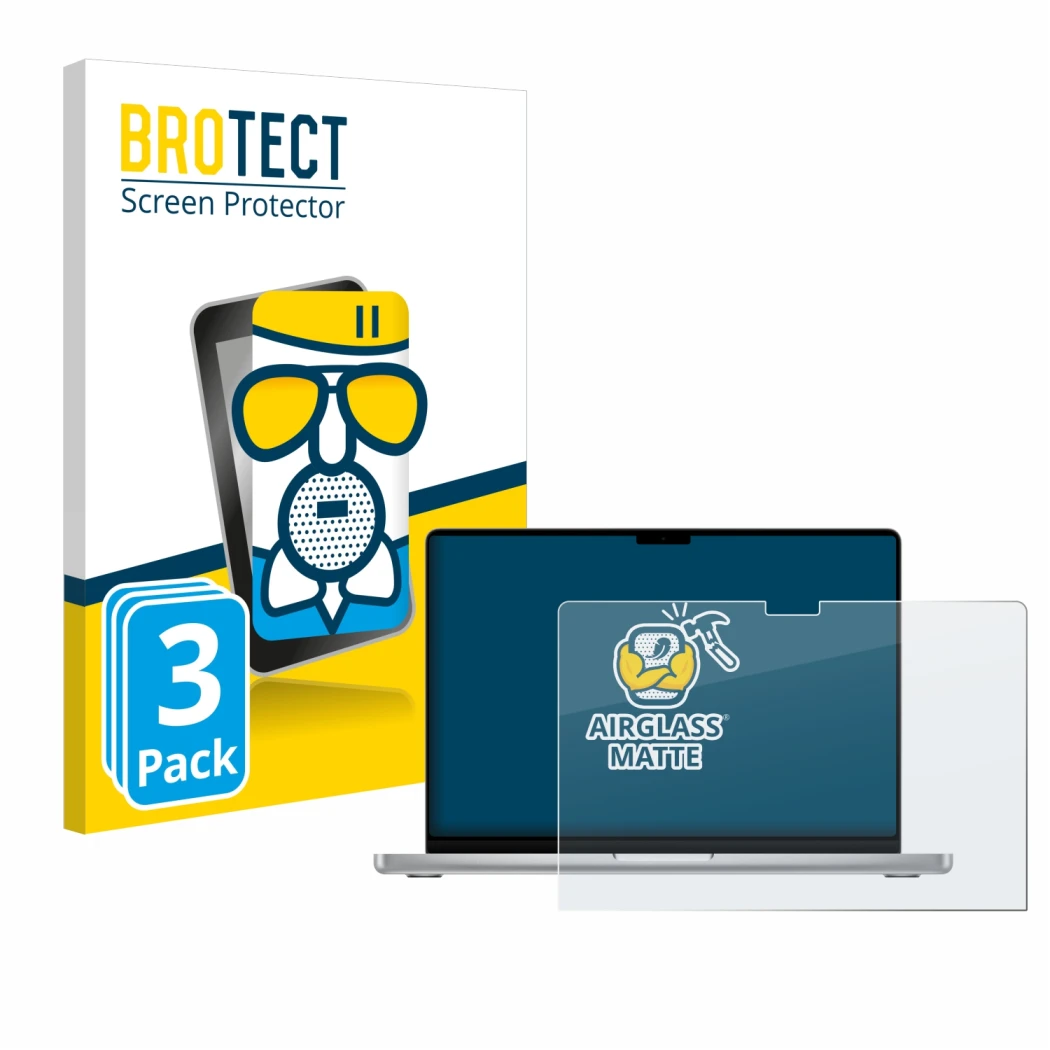 Vorderseite einer Produktverpackung mit dem Markenlogo BROTECT. Daneben ist das Gerät Apple MacBook Pro 14