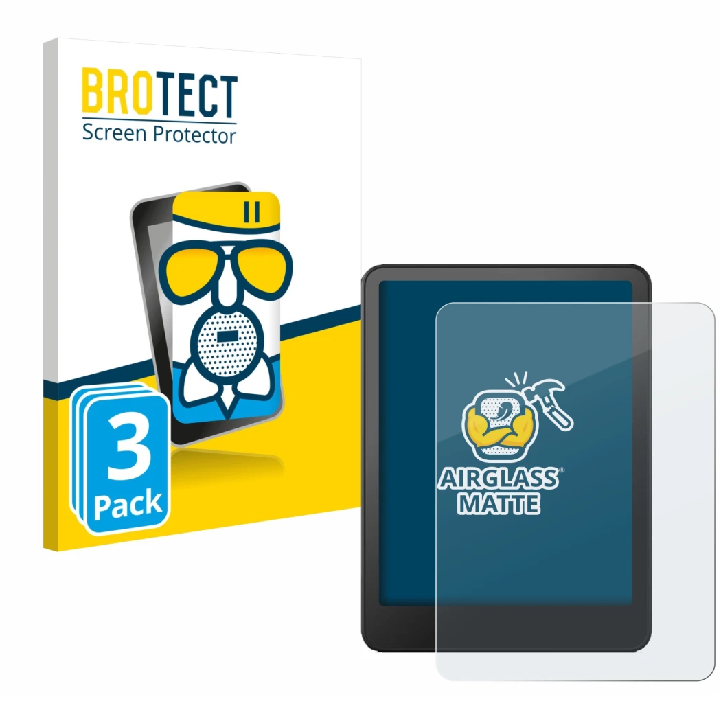 Vorderseite einer Produktverpackung mit dem Markenlogo BROTECT. Daneben ist das Gerät Amazon Kindle Paperwhite 2024 (12. Gen.)