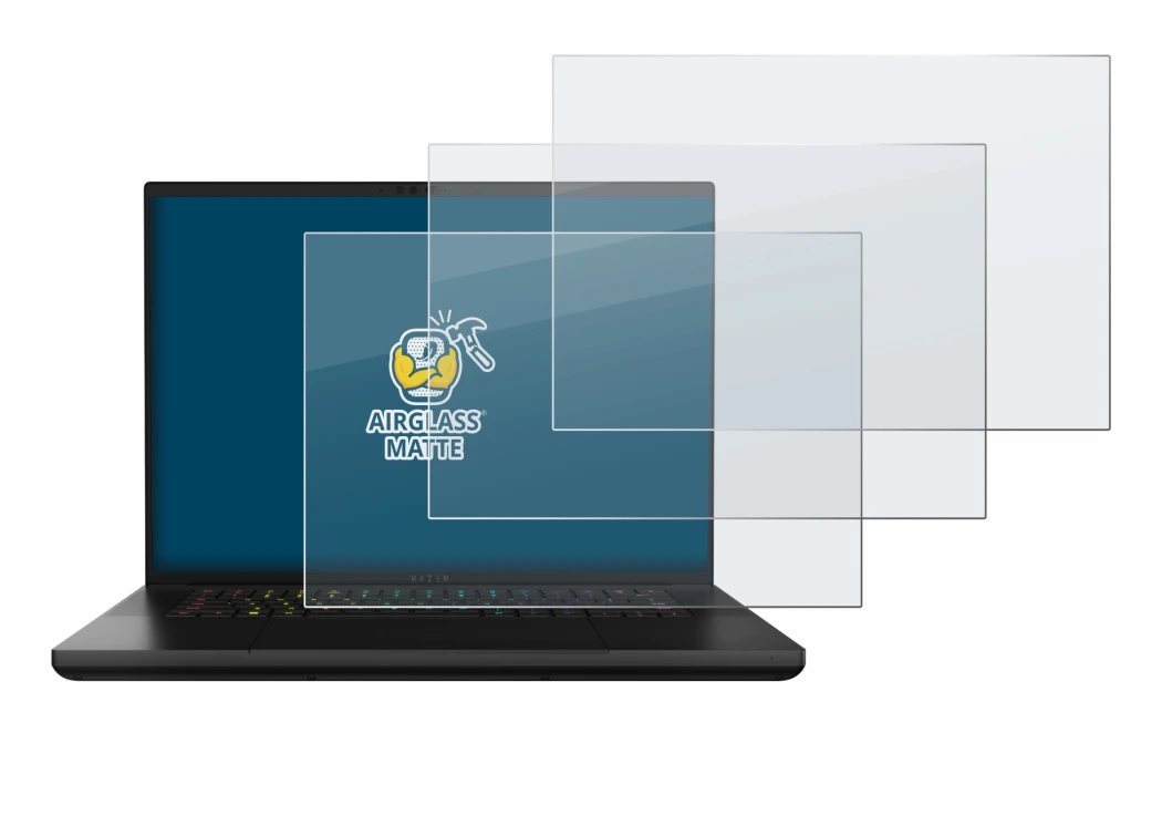 Abbildung des Geräts Razer Blade 16 2024 mit einer Vielzahl des Displayschutzes.