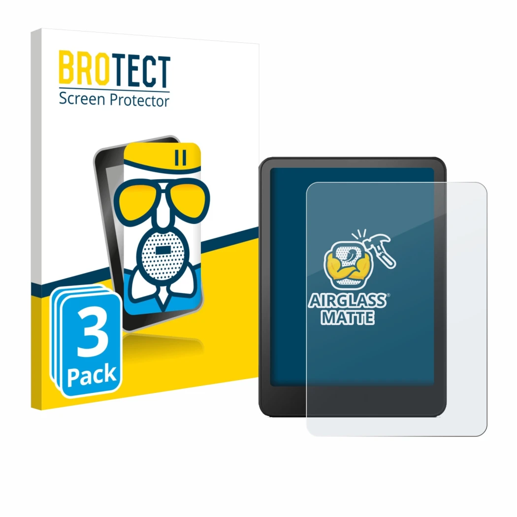 Vorderseite einer Produktverpackung mit dem Markenlogo BROTECT. Daneben ist das Gerät Amazon Kindle Paperwhite 2024 Signature 