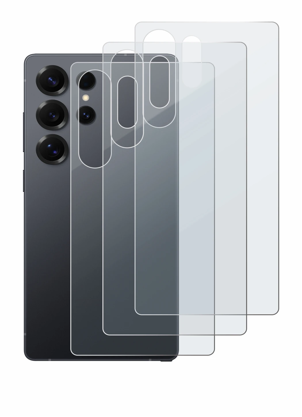 Abbildung des Geräts Samsung Galaxy S25 Ultra (Rückseite) mit einer Vielzahl des Displayschutzes.