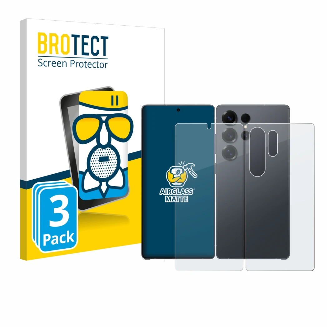 Vorderseite einer Produktverpackung mit dem Markenlogo BROTECT. Daneben ist das Gerät Samsung Galaxy S25 Ultra (Display+Rückse