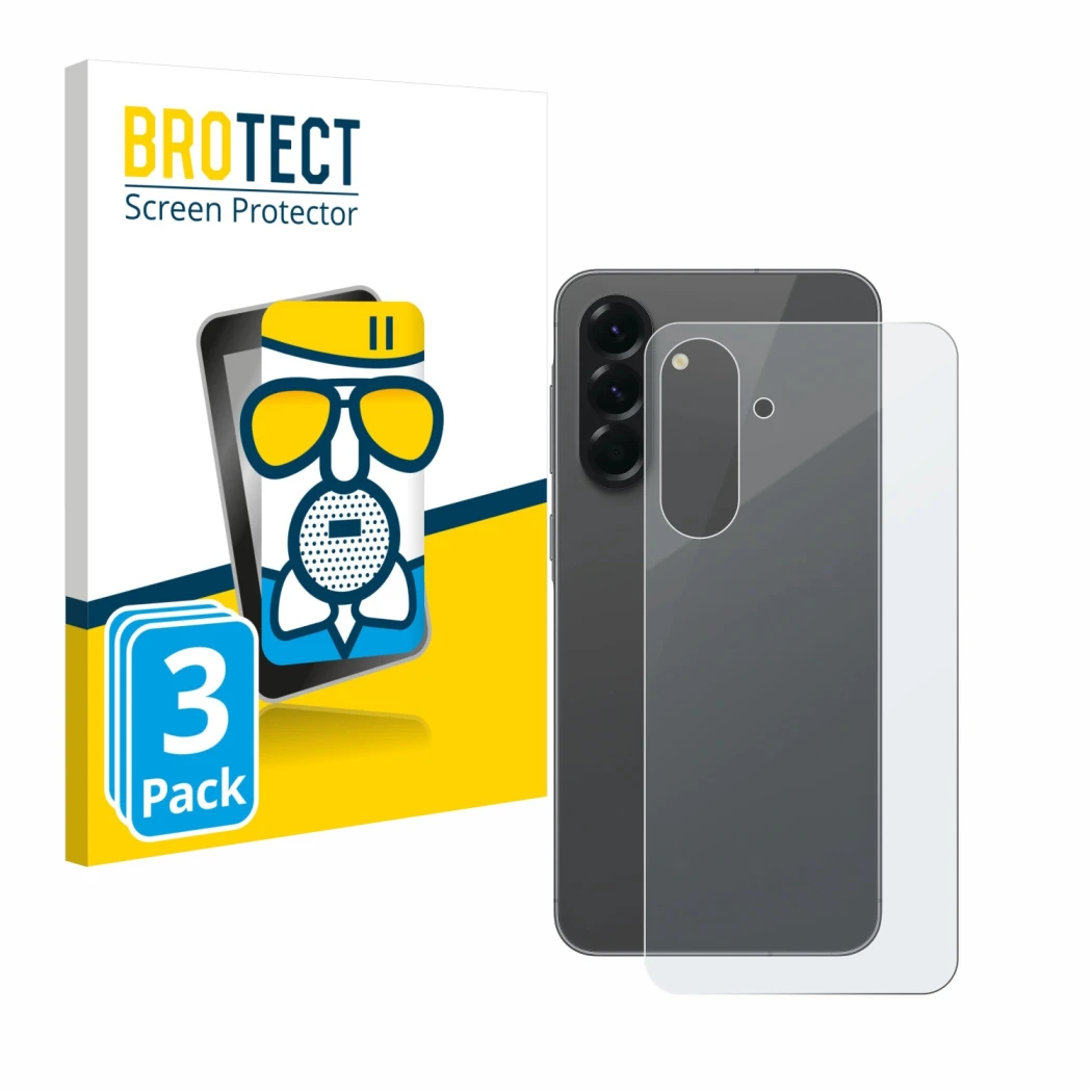 Vorderseite einer Produktverpackung mit dem Markenlogo BROTECT. Daneben ist das Gerät Samsung Galaxy A56 5G (Rückseite) mit de