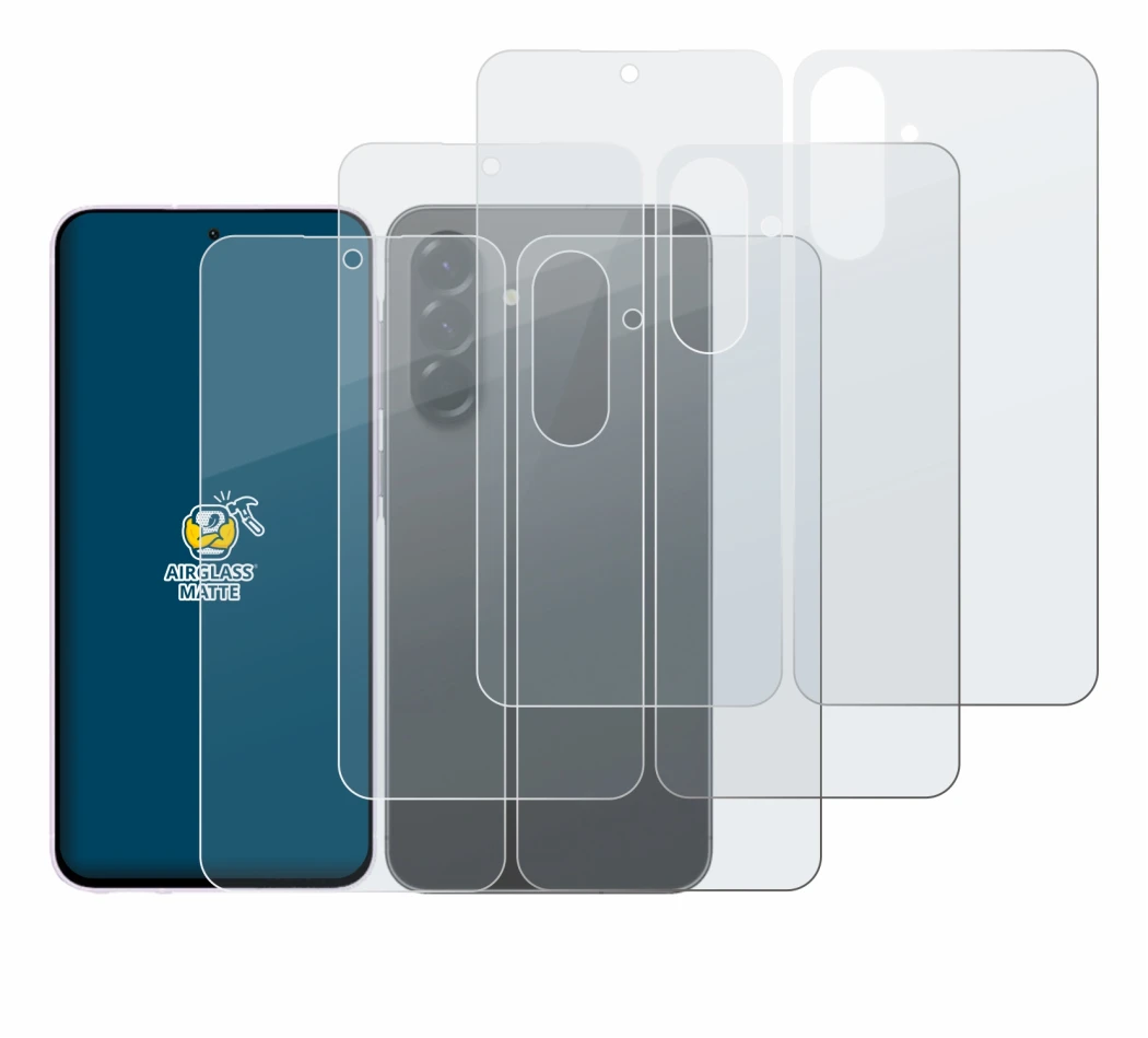 Abbildung des Geräts Samsung Galaxy A56 5G (Display+Rückseite) mit einer Vielzahl des Displayschutzes.