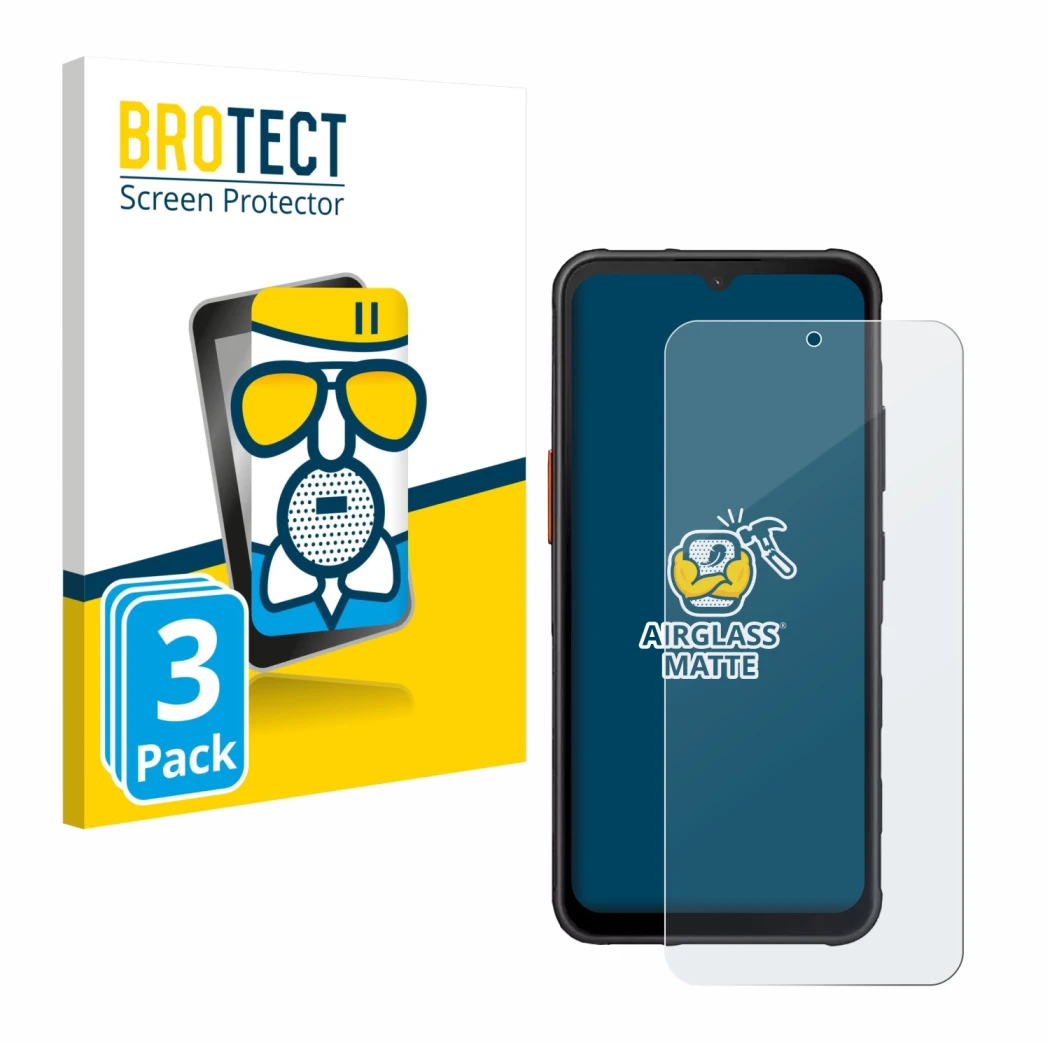 Vorderseite einer Produktverpackung mit dem Markenlogo BROTECT. Daneben ist das Gerät Samsung Galaxy XCover 7 Pro mit dem zuge