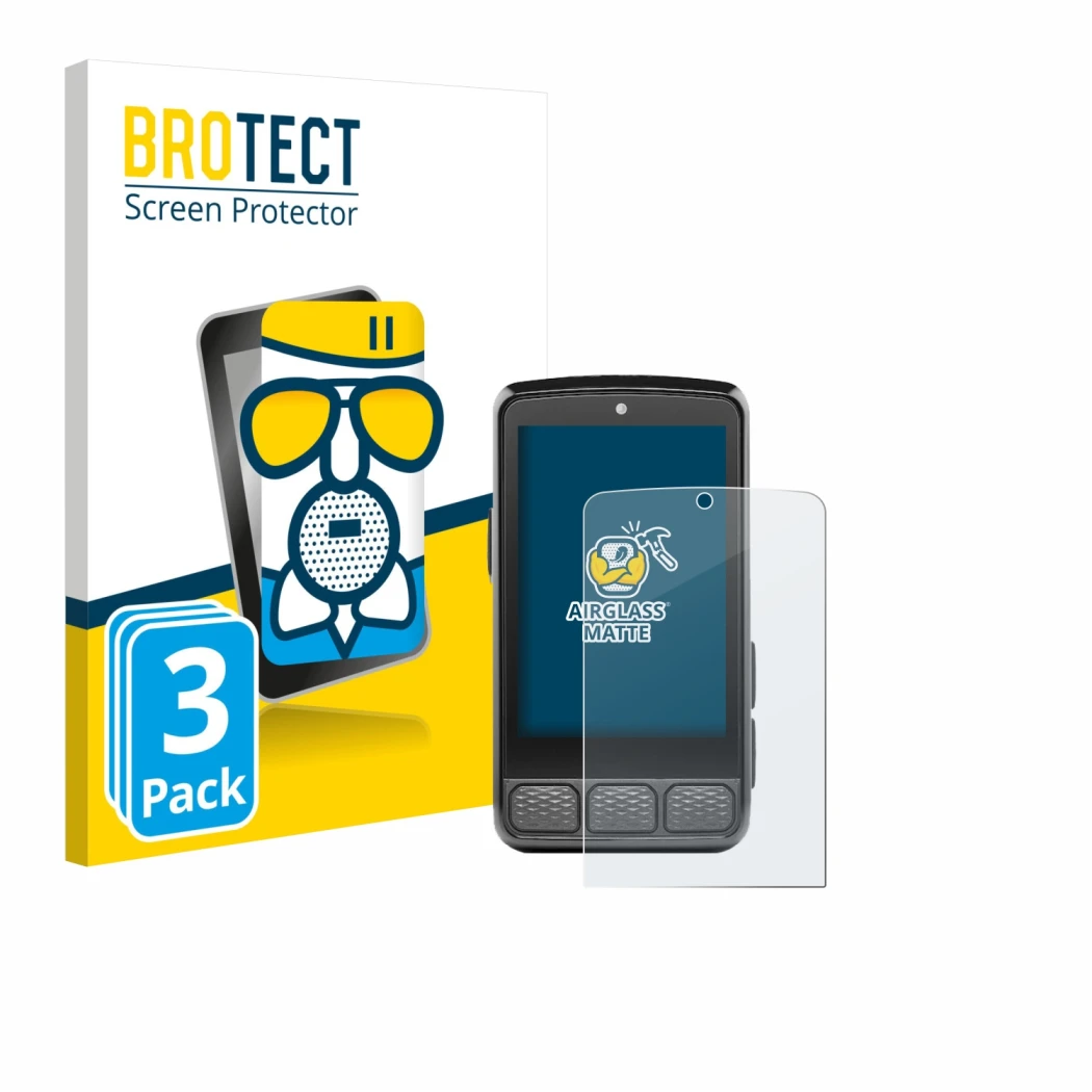 Vorderseite einer Produktverpackung mit dem Markenlogo BROTECT. Daneben ist das Gerät Wahoo Elemnt Roam 3 mit dem zugehörigen 