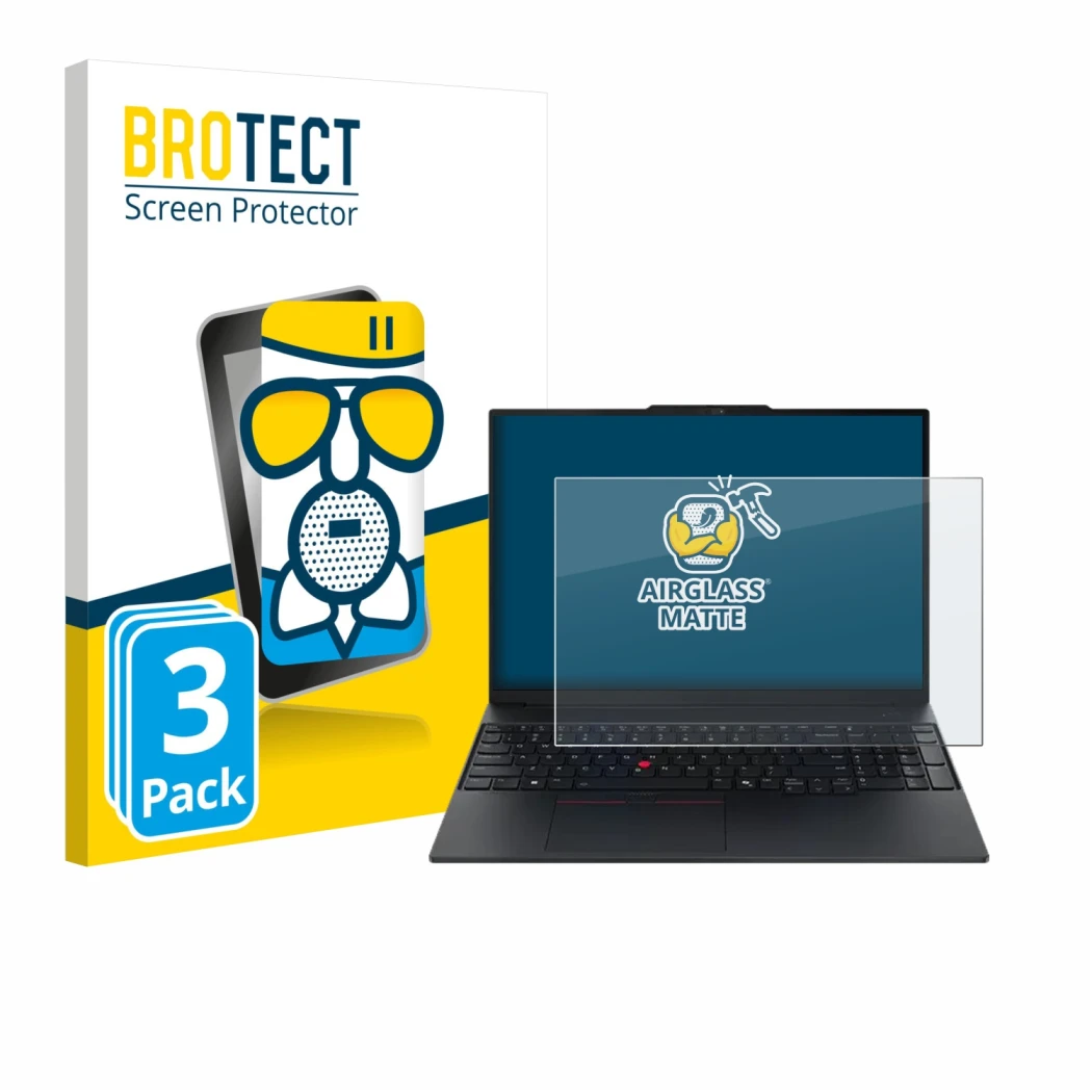 Vorderseite einer Produktverpackung mit dem Markenlogo BROTECT. Daneben ist das Gerät Lenovo ThinkPad E16 Gen 3 mit dem zugehö