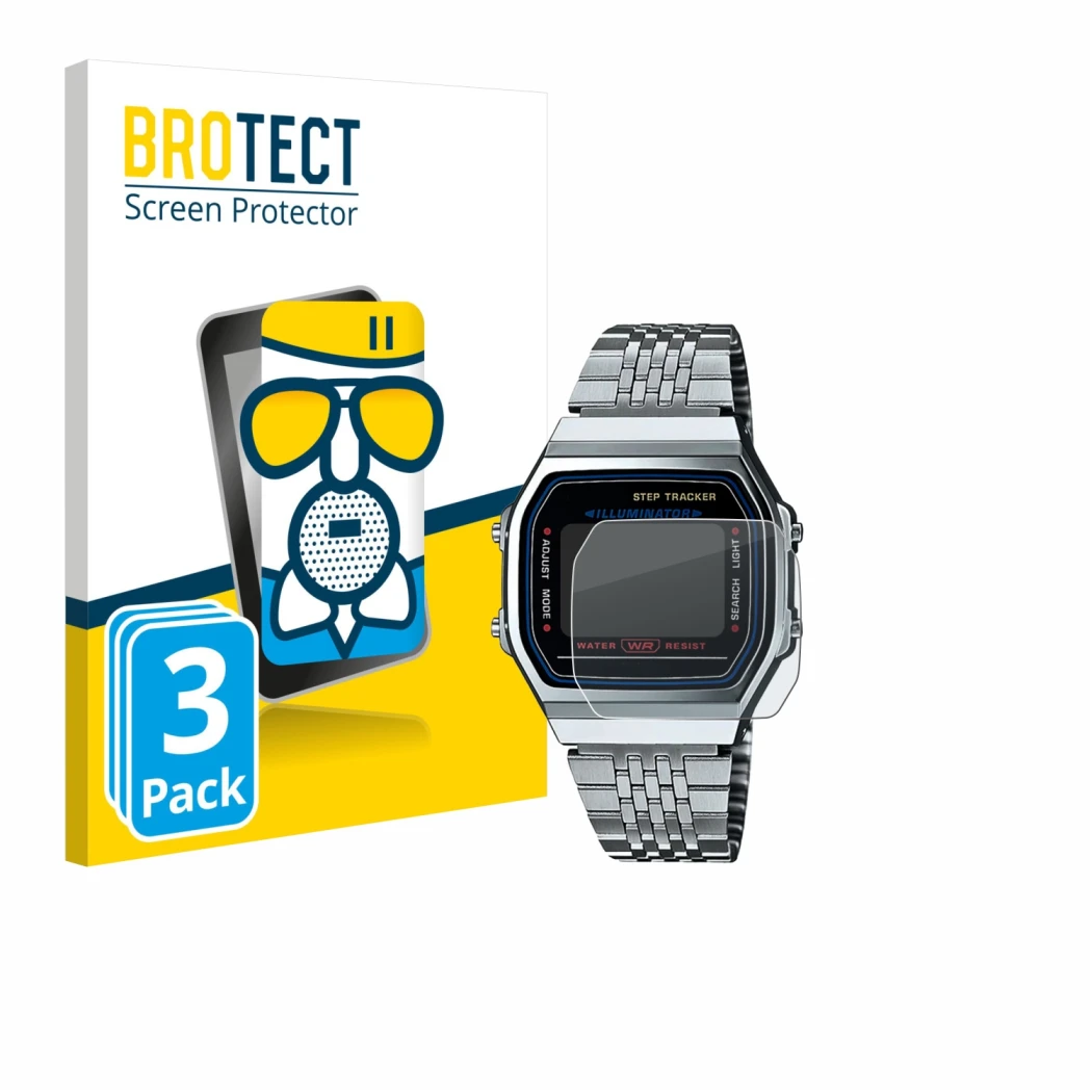 Vorderseite einer Produktverpackung mit dem Markenlogo BROTECT. Daneben ist das Gerät Casio iconic ABL-100WE-1A mit dem zugehö