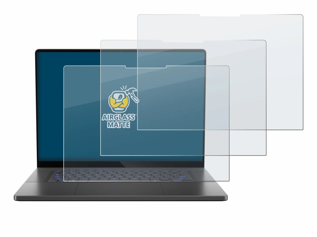 Abbildung des Geräts ASUS ROG Zephyrus G16 2025 mit einer Vielzahl des Displayschutzes.