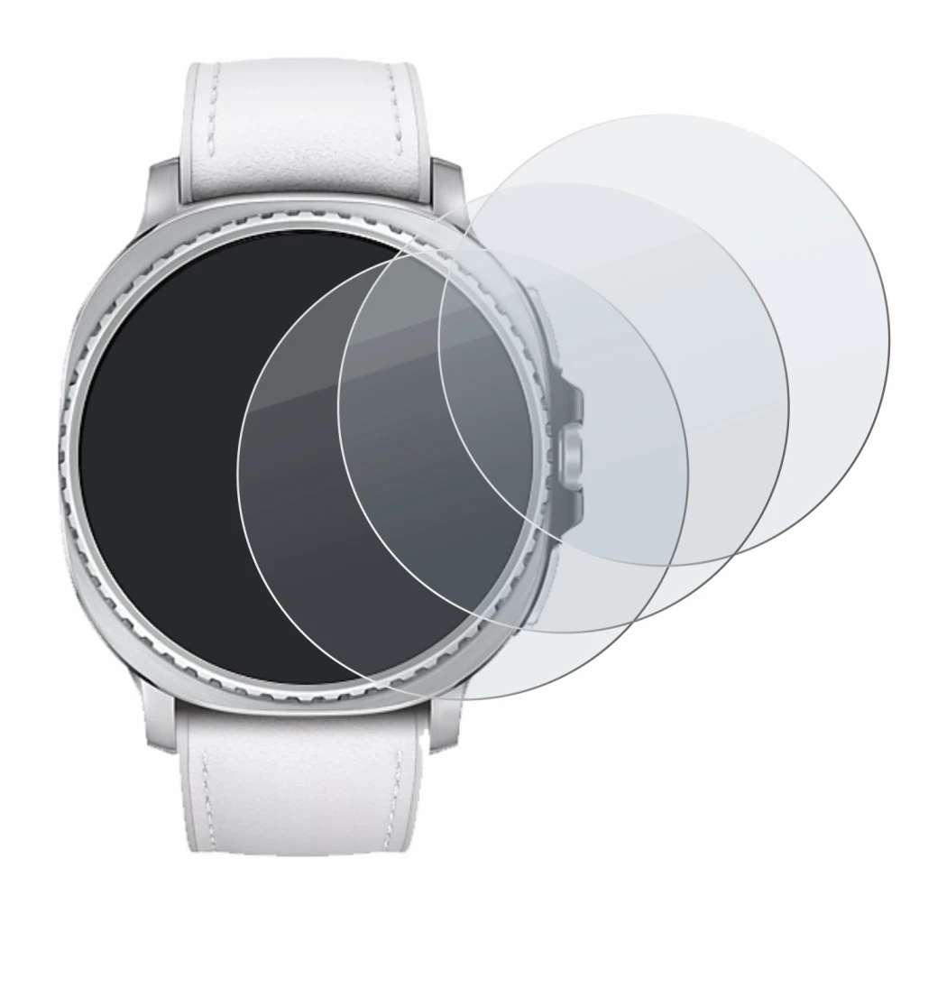 Abbildung des Geräts Samsung Galaxy Watch 8 Classic (46 mm) mit einer Vielzahl des Displayschutzes.