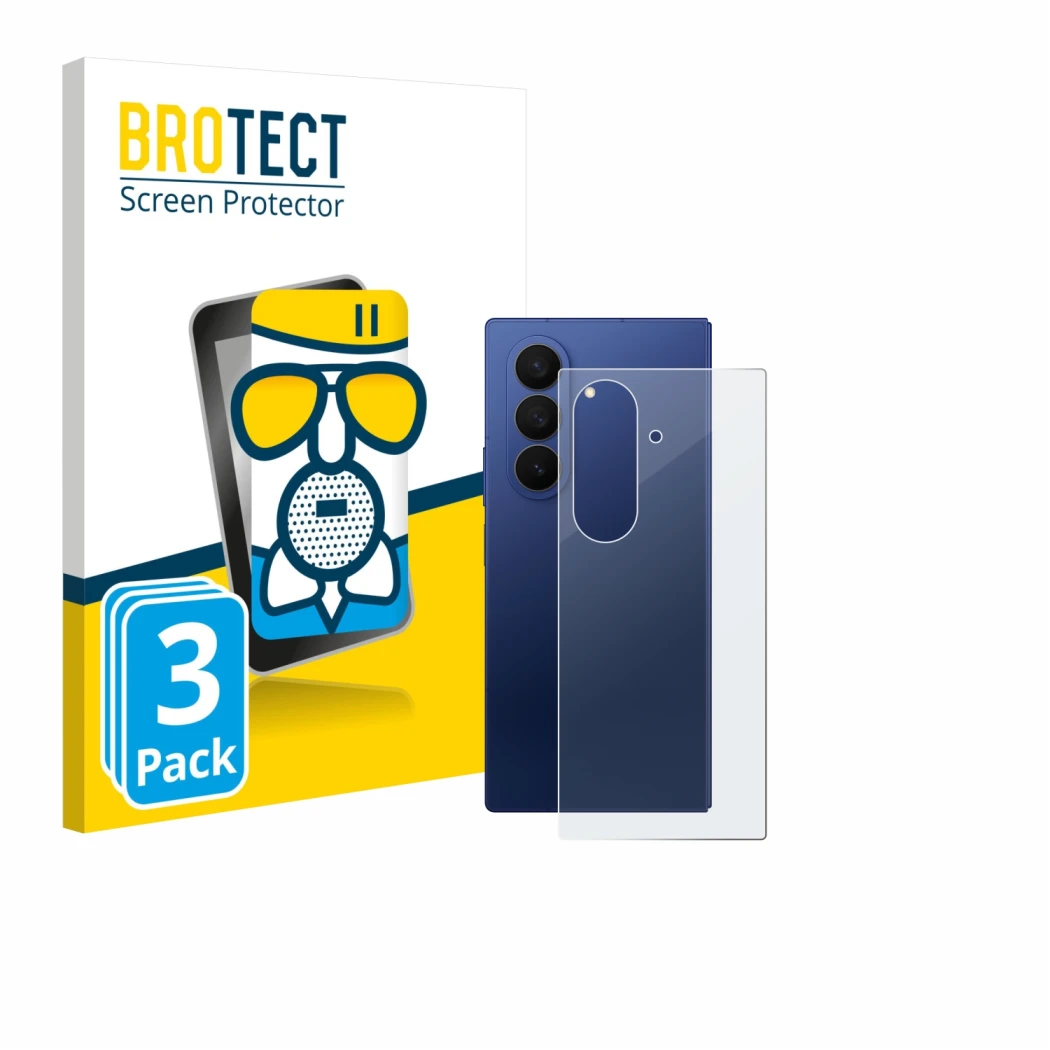 Vorderseite einer Produktverpackung mit dem Markenlogo BROTECT. Daneben ist das Gerät Samsung Galaxy Z Fold 7 (Rückseite) mit 