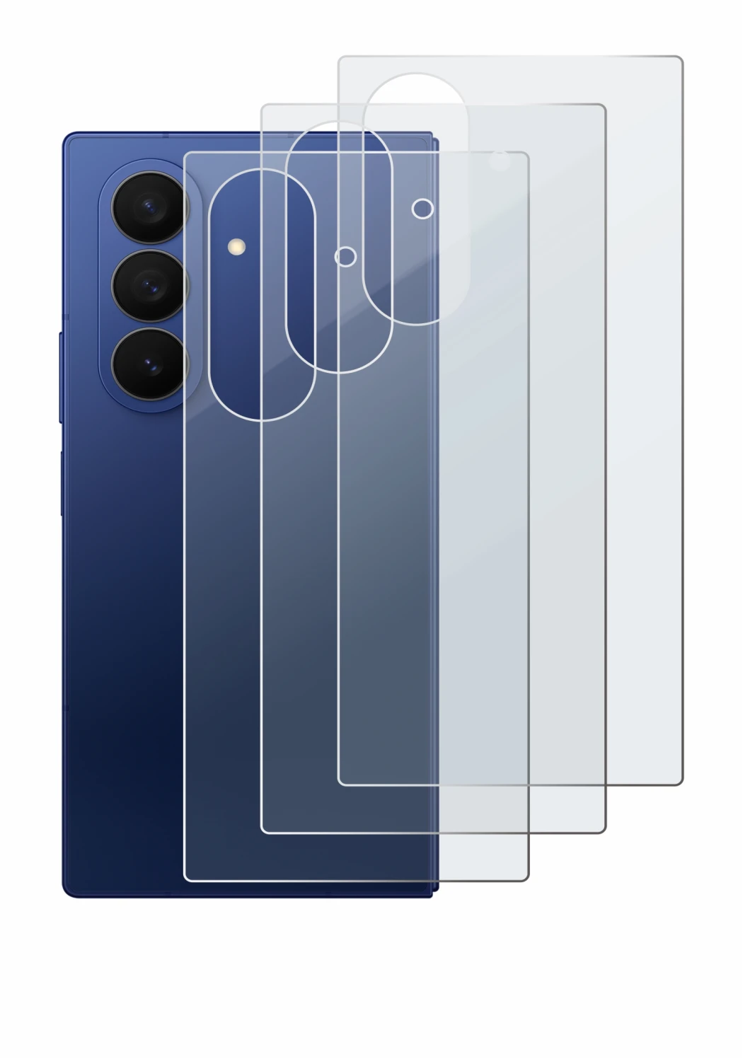 Abbildung des Geräts Samsung Galaxy Z Fold 7 (Rückseite) mit einer Vielzahl des Displayschutzes.