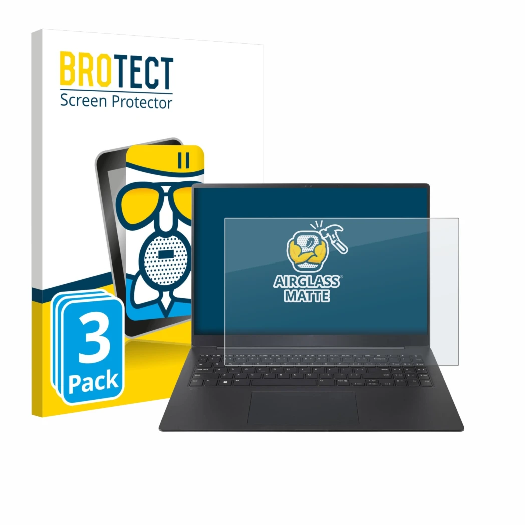 Vorderseite einer Produktverpackung mit dem Markenlogo BROTECT. Daneben ist das Gerät LG gram Pro 16 2025 mit dem zugehörigen 