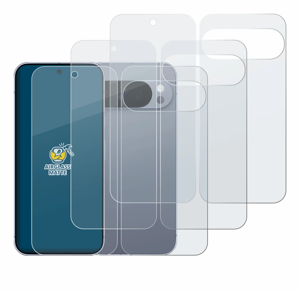 Abbildung des Geräts Google Pixel 10 Pro (Display+Rückseite) mit einer Vielzahl des Displayschutzes.