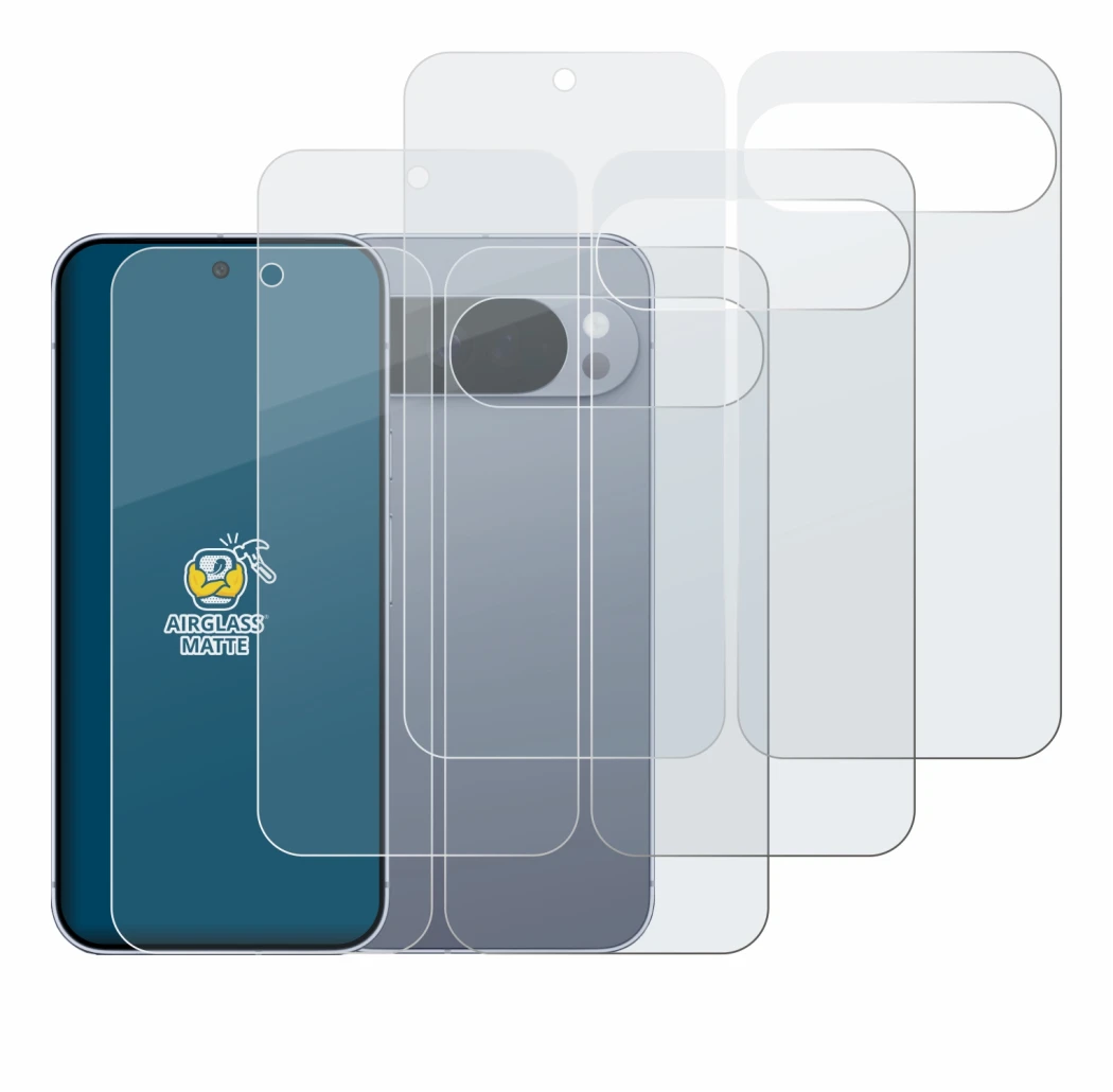 Abbildung des Geräts Google Pixel 10 Pro XL (Display+Rückseite) mit einer Vielzahl des Displayschutzes.