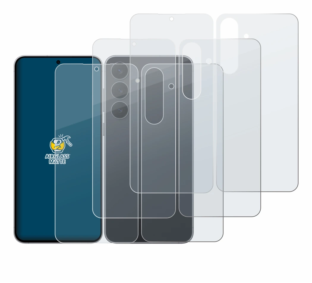 Abbildung des Geräts Samsung Galaxy S25 FE (Display+Rückseite) mit einer Vielzahl des Displayschutzes.